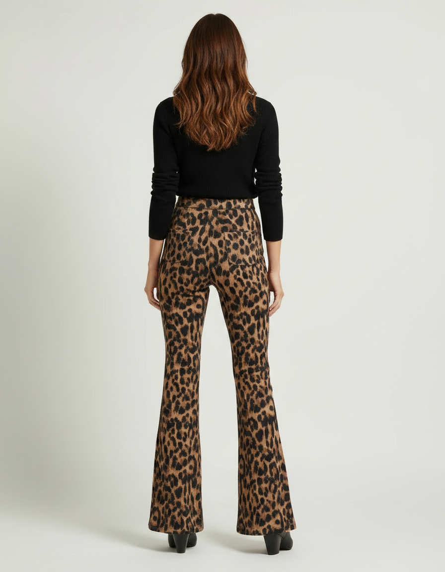 Pantalon Léopard Évasé Imprimé Marron Confortable Femme - Maille - vue 2