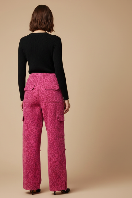 Pantalon Léopard Rose Ample Cargo Imprimé Décontracté - Coton - vue 2
