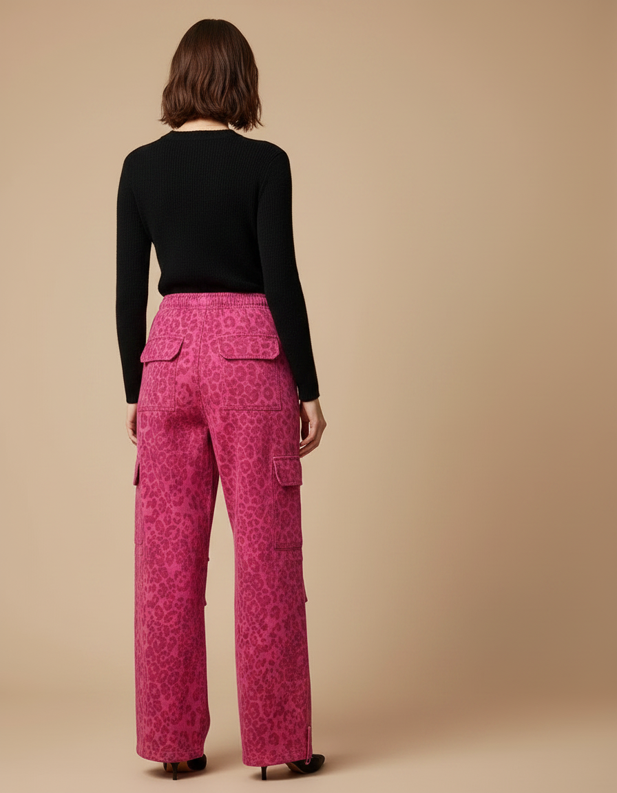 Pantalon Léopard Rose Ample Cargo Imprimé Décontracté - Coton - vue 2
