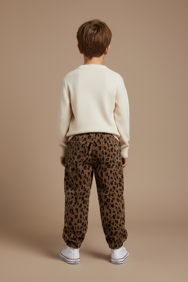 Pantalon Léopard Marron Côtelé Ample Enfant Décontracté - Cordé - vue 2