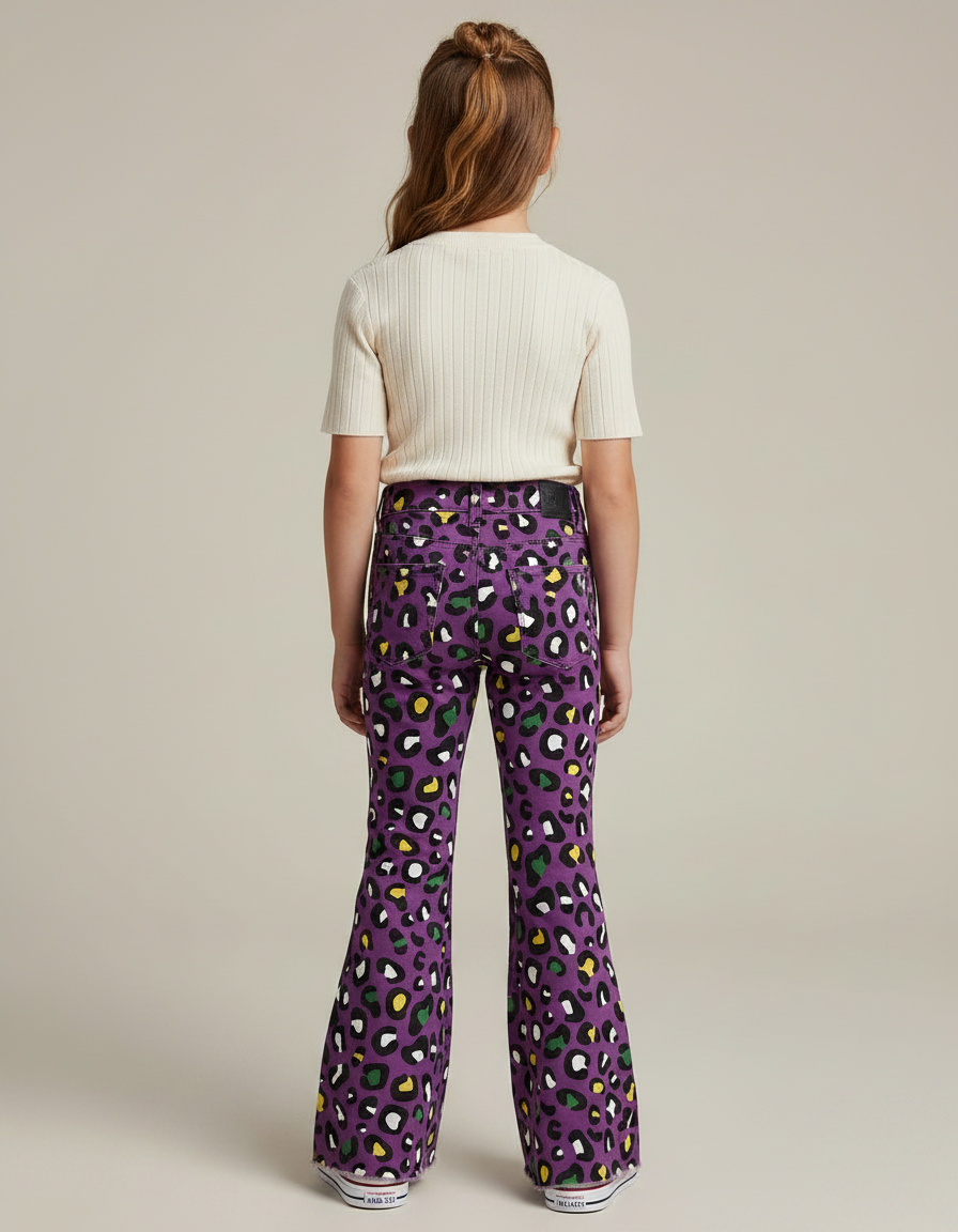Pantalon Léopard Violet Évasé Imprimé Animal Fille - Jean - vue 2