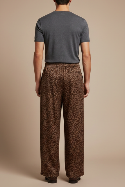 Pantalon Léopard Marron Ample Imprimé Homme Fluide - Satin - vue 2