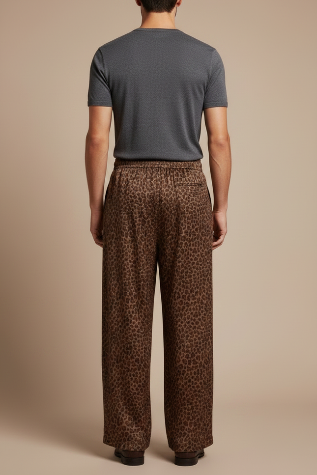 Pantalon Léopard Marron Ample Imprimé Homme Fluide - Satin - vue 2
