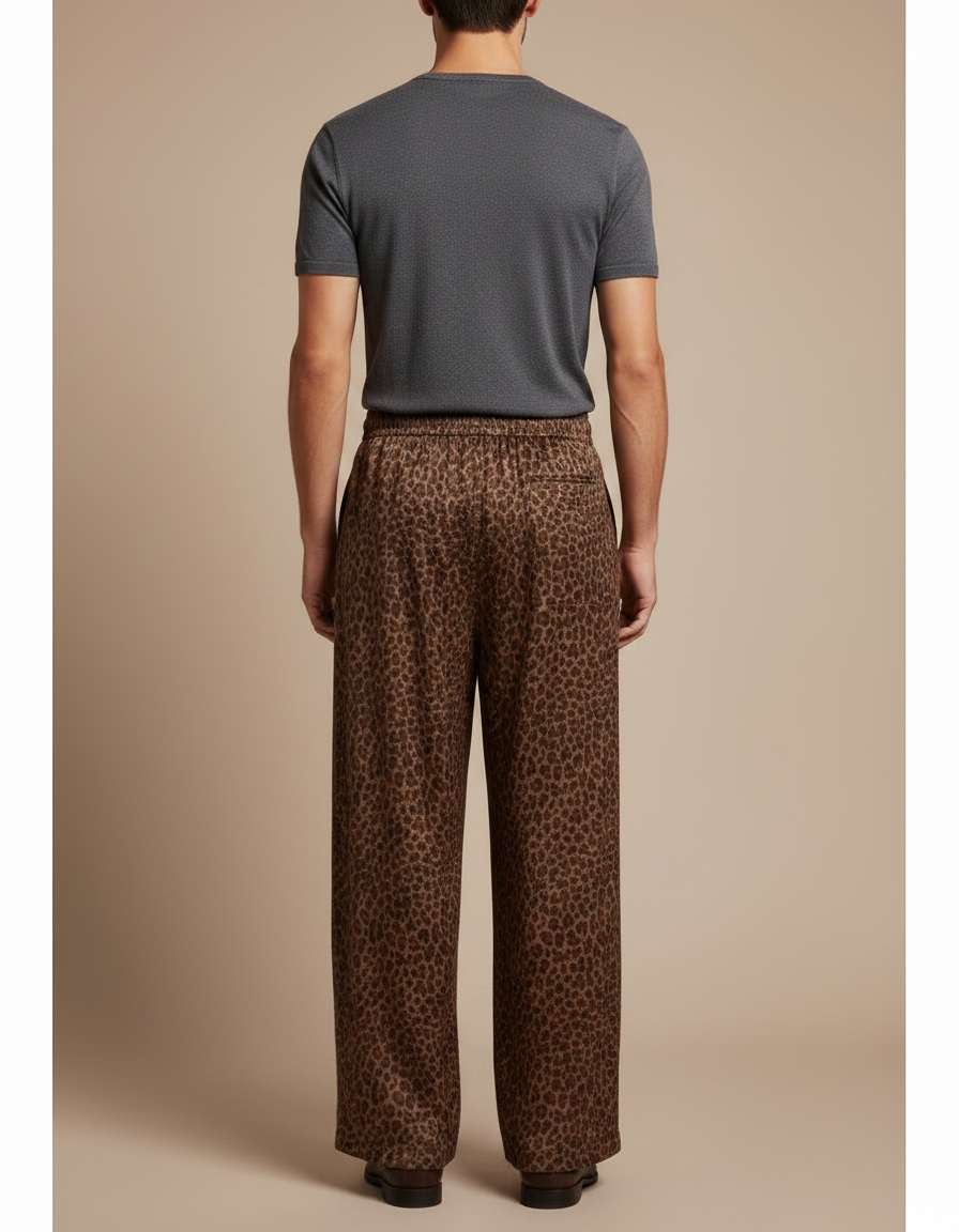 Pantalon Léopard Marron Ample Imprimé Homme Fluide - Satin - vue 2