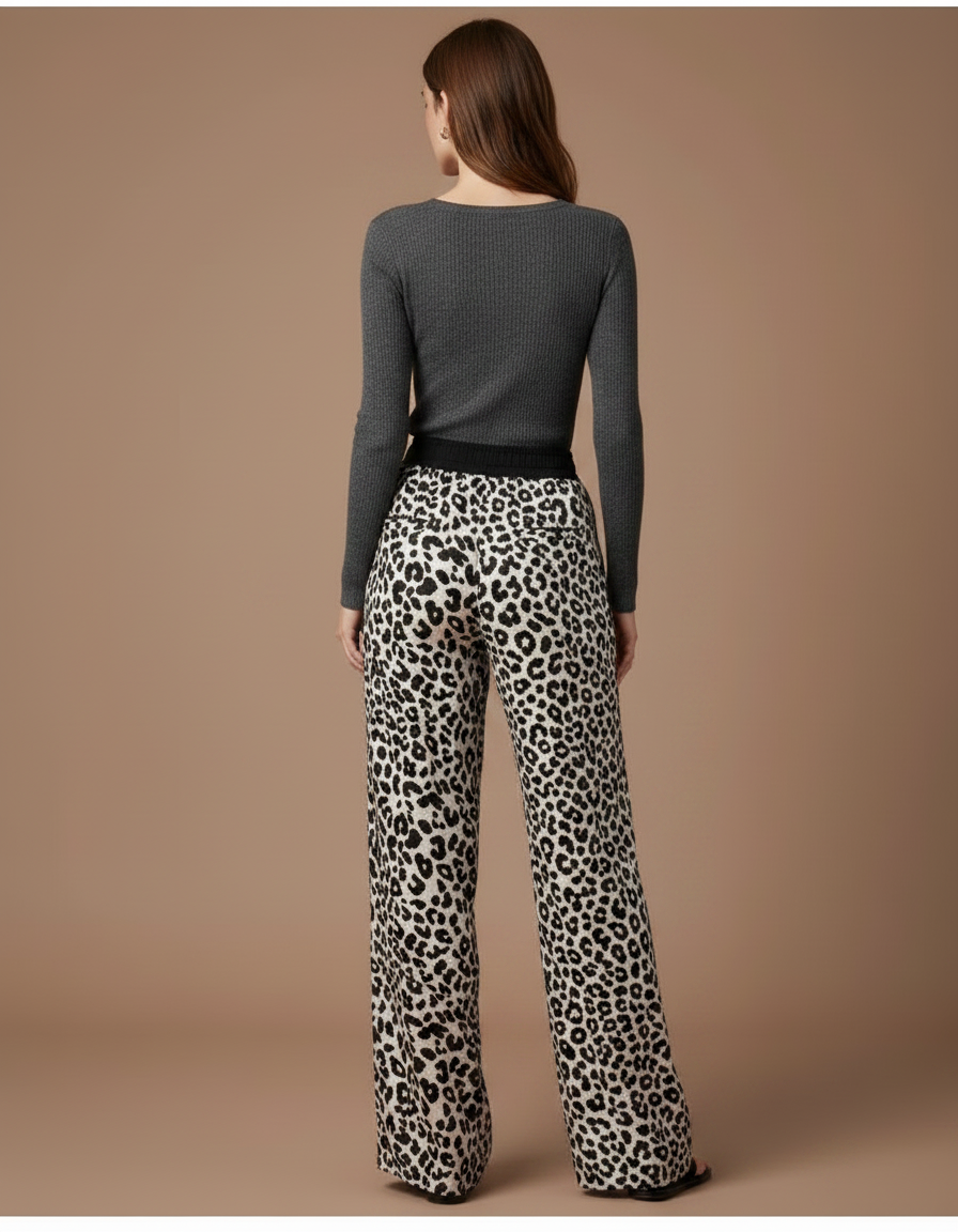 Pantalon Léopard Fluide Imprimé Taille Haute Ample - Satin - vue 2