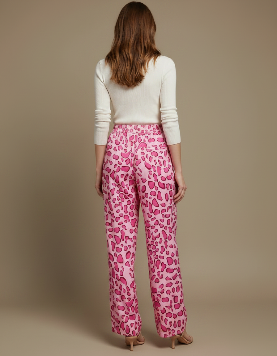 Pantalon Léopard Rose Fluide Imprimé Taille Haute - Viscose - vue 2