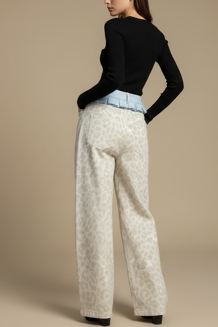 Pantalon Léopard Écru Imprimé Ample Taille Haute - Beige Jean - vue 2