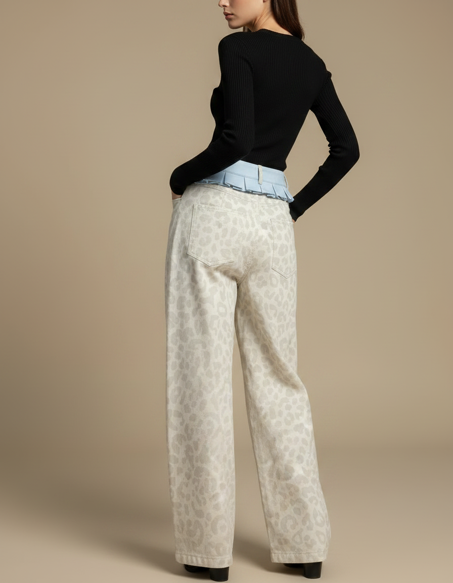 Pantalon Léopard Écru Imprimé Ample Taille Haute - Beige Jean - vue 2
