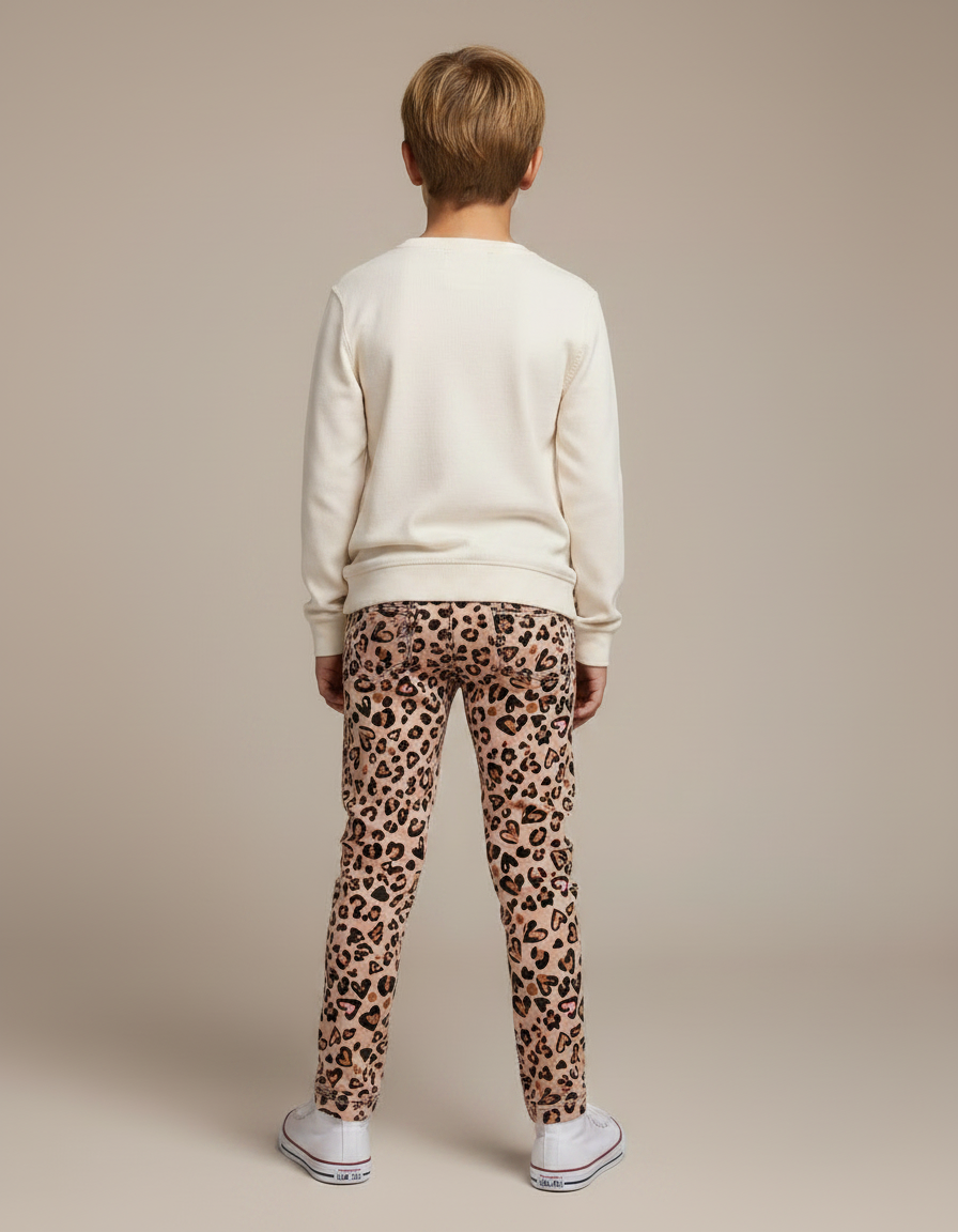 Pantalon Léopard Enfant Beige Coton Imprimé Cœurs - Maille - vue 2