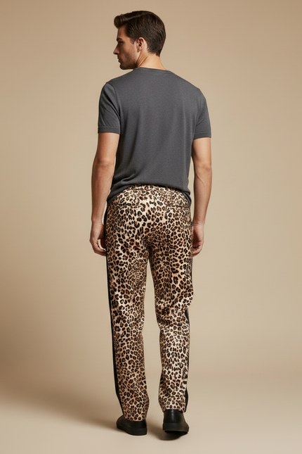 Pantalon Léopard Homme Imprimé Fluide Décontracté Noir - Satin - vue 2