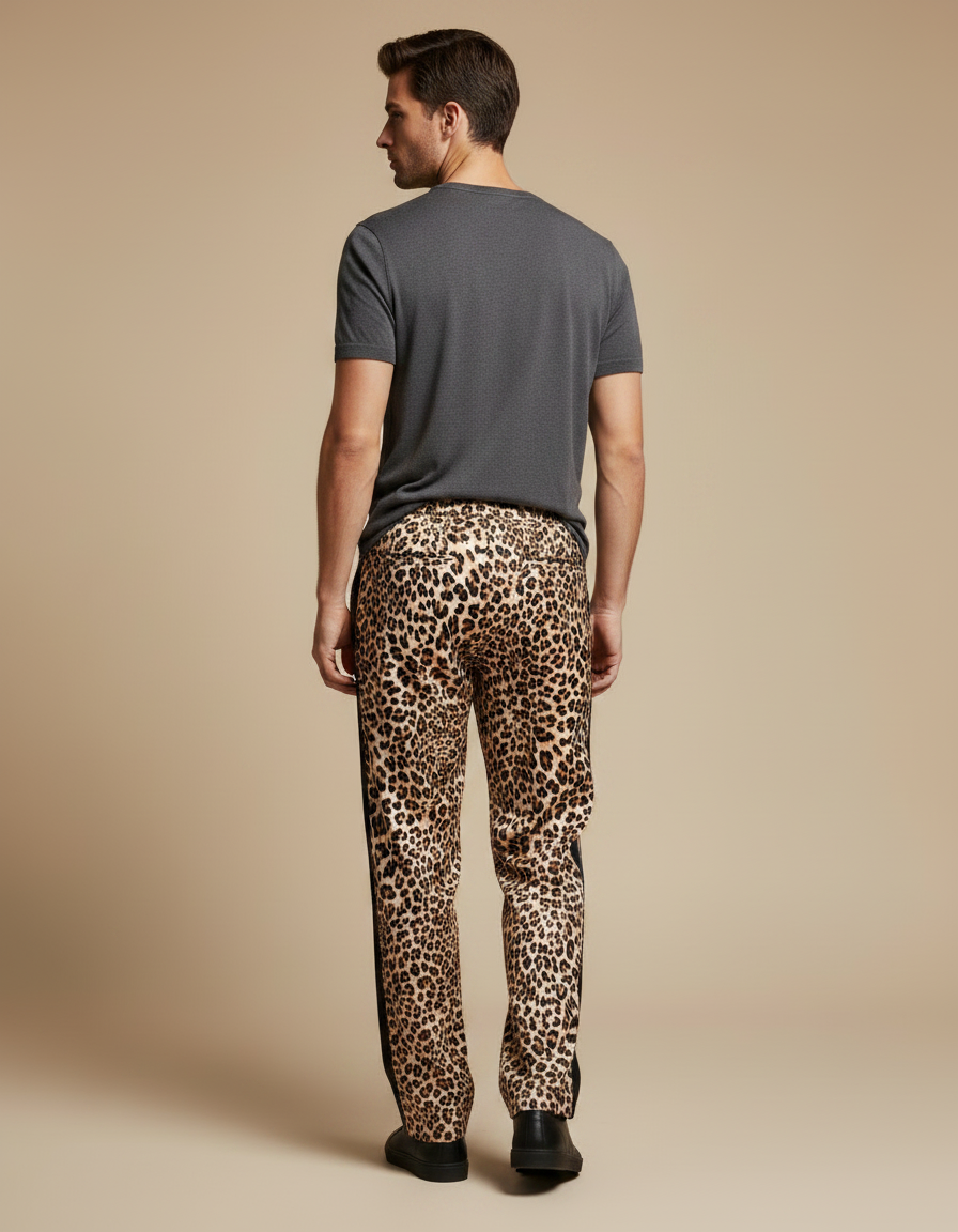 Pantalon Léopard Homme Imprimé Fluide Décontracté Noir - Satin - vue 2