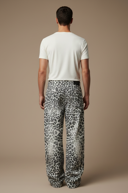 Pantalon Léopard Ample Gris Imprimé Streetwear Denim - Jean - vue 2