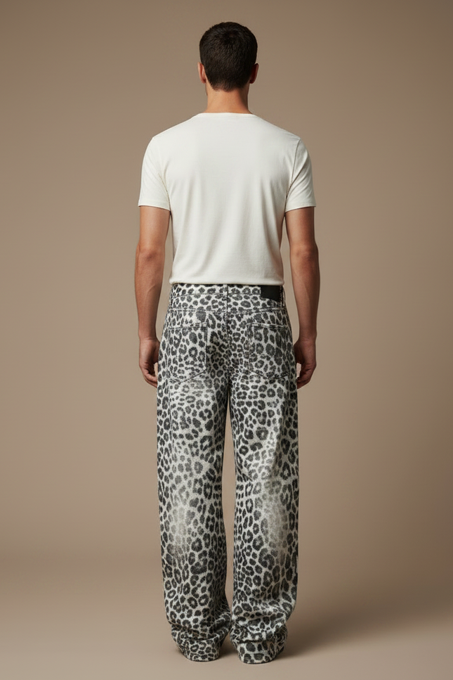 Pantalon Léopard Ample Gris Imprimé Streetwear Denim - Jean - vue 2