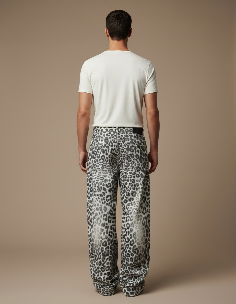 Pantalon Léopard Ample Gris Imprimé Streetwear Denim - Jean - vue 2