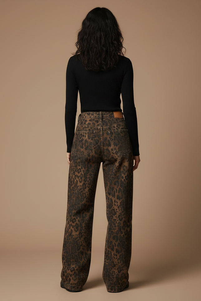 Pantalon Léopard Marron Imprimé Ample Denim Large Y2K - Jean - vue 2