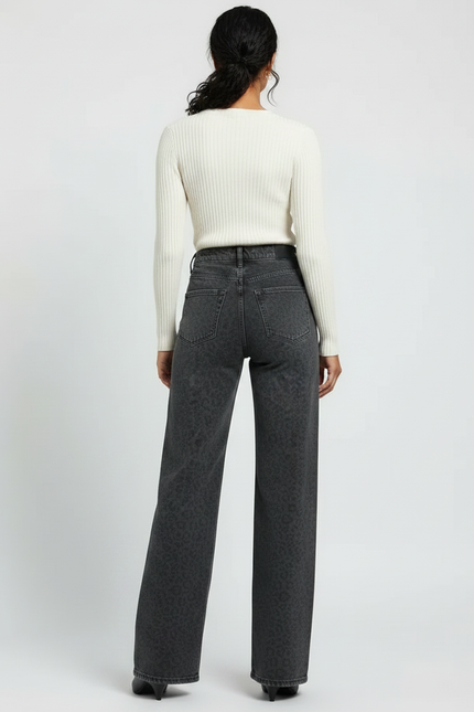 Pantalon Léopard Gris Ample Taille Haute Droit - Jean - vue 2