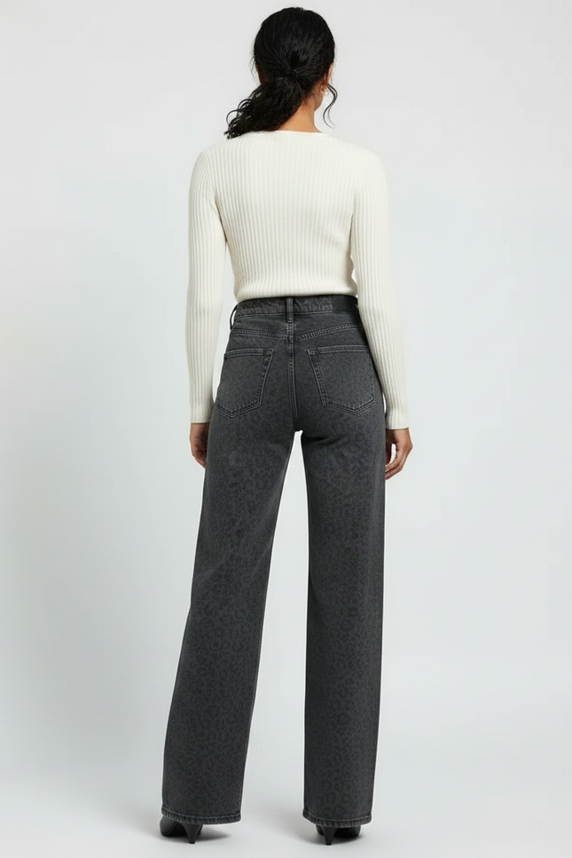Pantalon Léopard Gris Ample Taille Haute Droit - Jean - vue 2