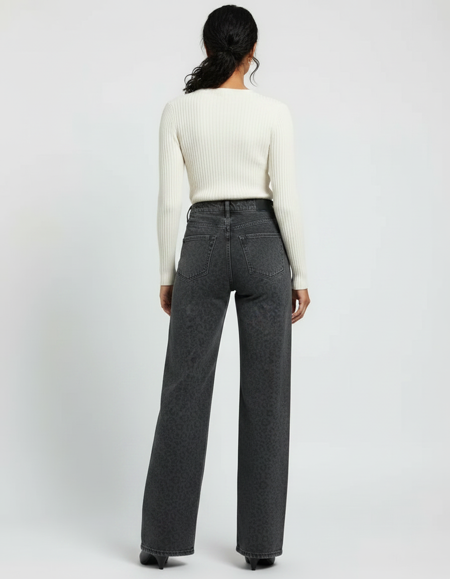Pantalon Léopard Gris Ample Taille Haute Droit - Jean - vue 2