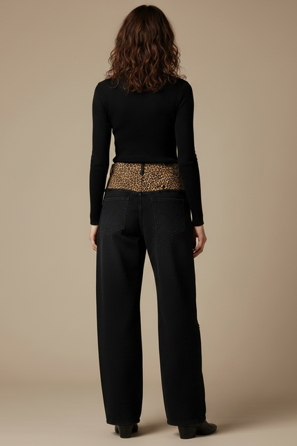 Pantalon Léopard Noir Large Patchwork Délavé Femme - Jean - vue 2