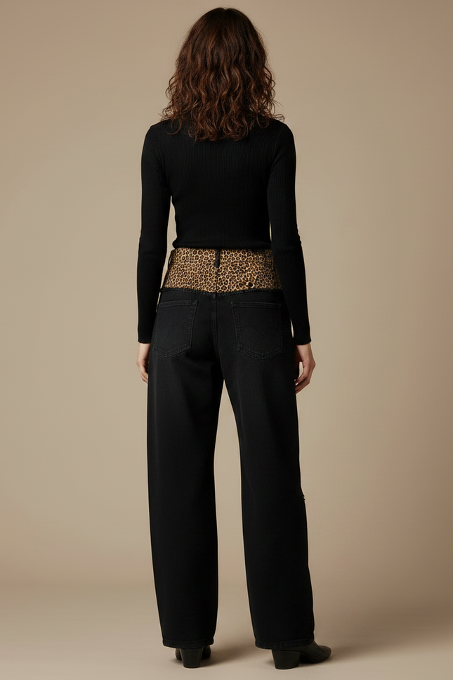 Pantalon Léopard Noir Large Patchwork Délavé Femme - Jean - vue 2