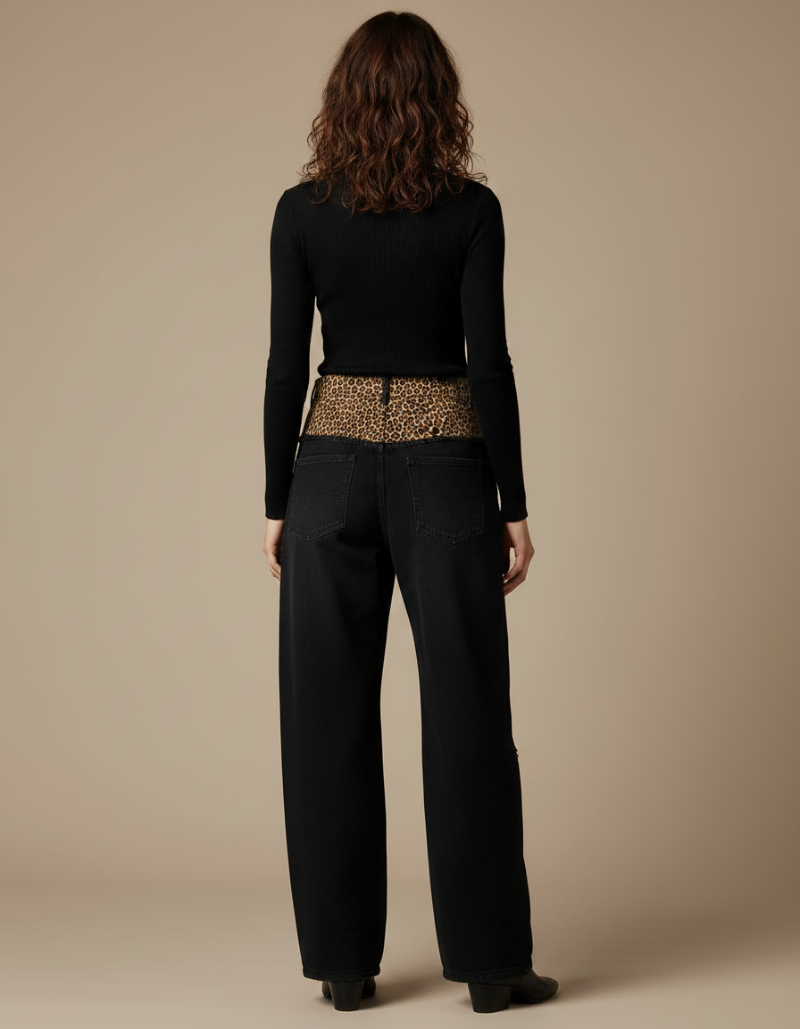 Pantalon Léopard Noir Large Patchwork Délavé Femme - Jean - vue 2
