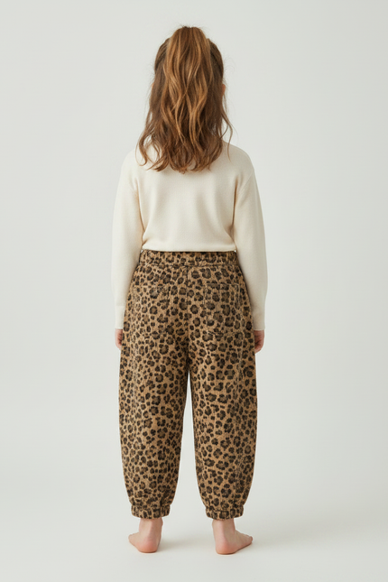 Pantalon Léopard Enfant Velours Côtelé Marron Ample - Imprimé Cordé - vue 2
