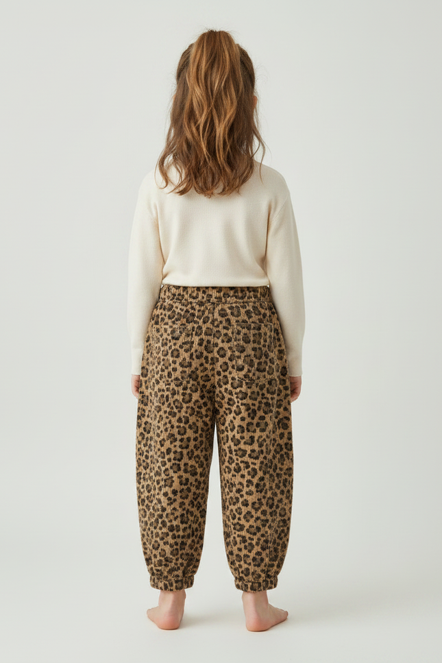 Pantalon Léopard Enfant Velours Côtelé Marron Ample - Imprimé Cordé - vue 2