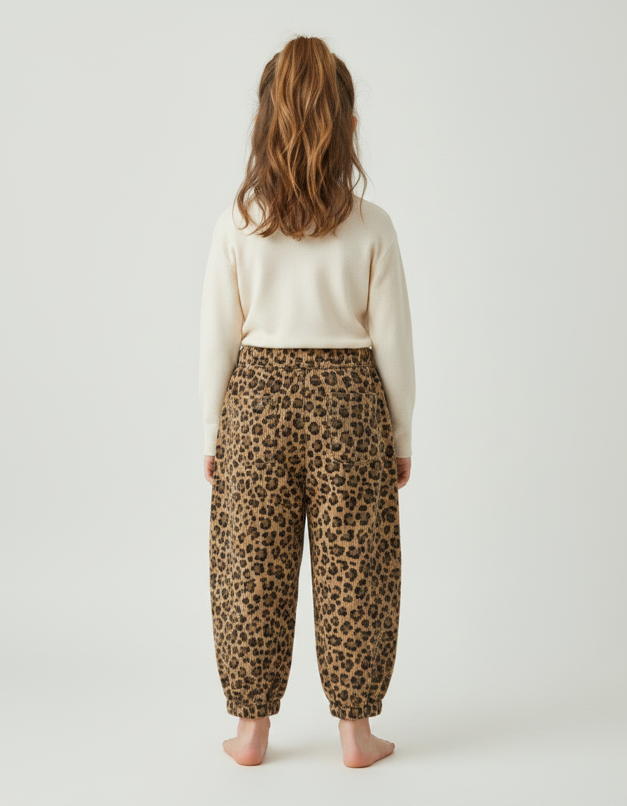 Pantalon Léopard Enfant Velours Côtelé Marron Ample - Imprimé Cordé - vue 2