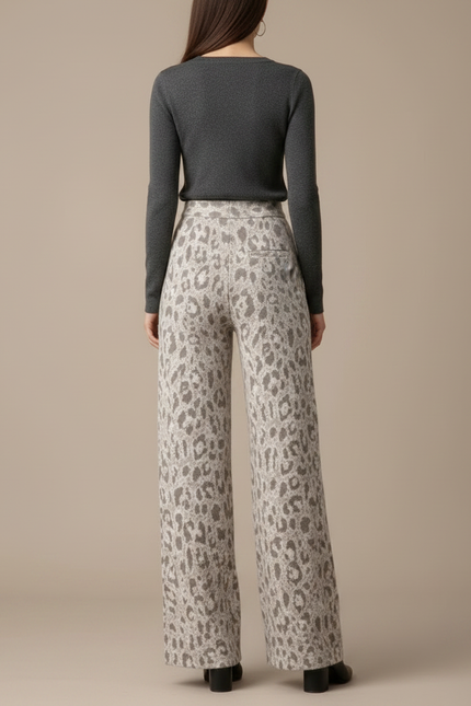 Pantalon Léopard Ample Gris Écru Tricoté Femme - Imprimé Maille - vue 2