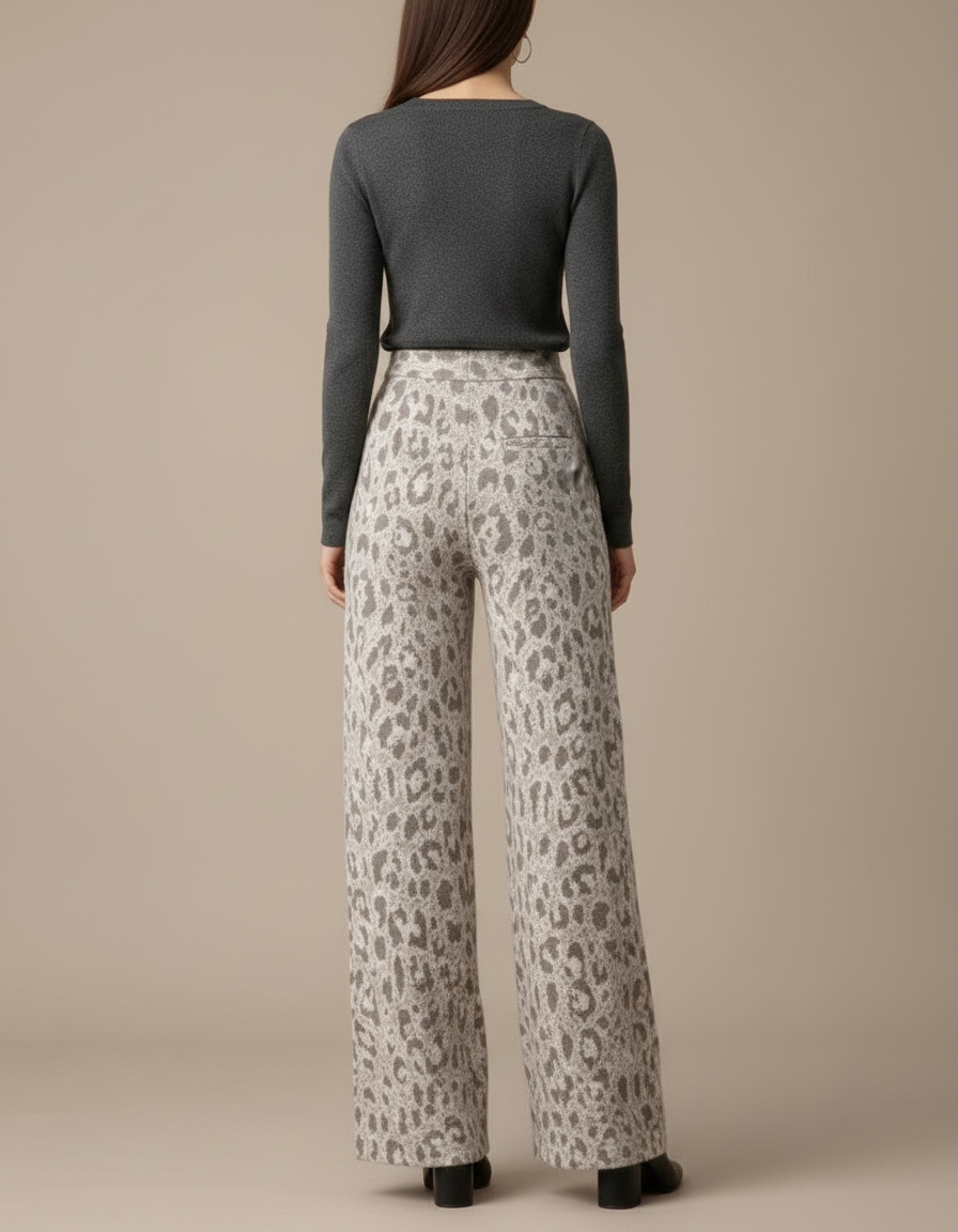 Pantalon Léopard Ample Gris Écru Tricoté Femme - Imprimé Maille - vue 2