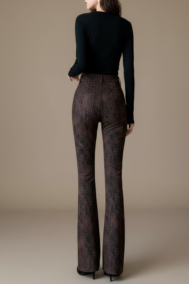 Pantalon Léopard Marron Évasé Velours Taille Haute - Imprimé - vue 2