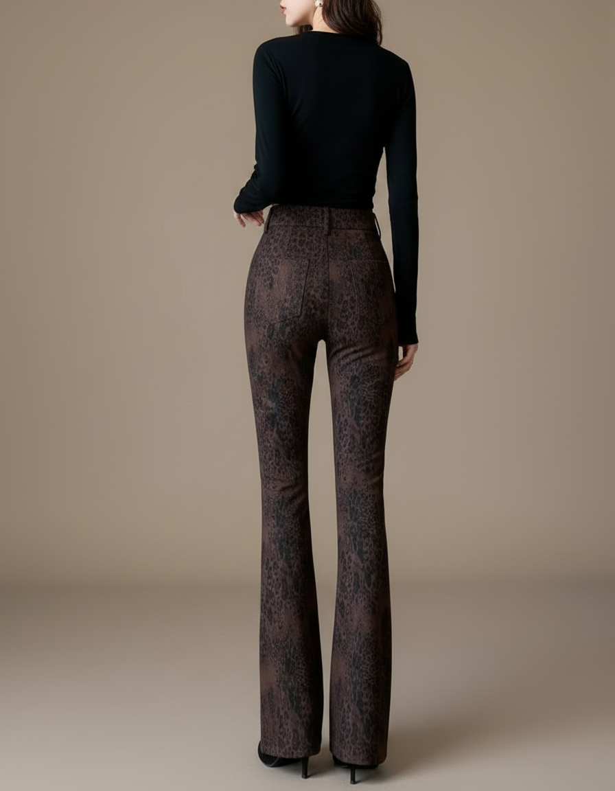 Pantalon Léopard Marron Évasé Velours Taille Haute - Imprimé - vue 2