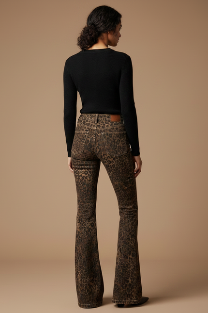 Pantalon Léopard Évasé Imprimé Marron Ajusté Femme - Velours - vue 2