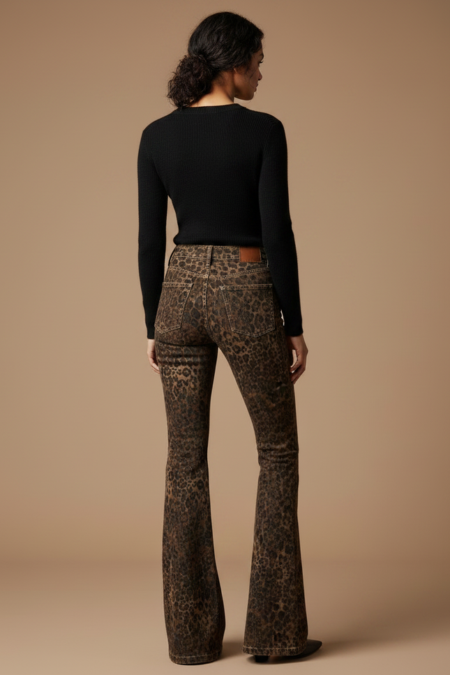 Pantalon Léopard Évasé Imprimé Marron Ajusté Femme - Velours - vue 2
