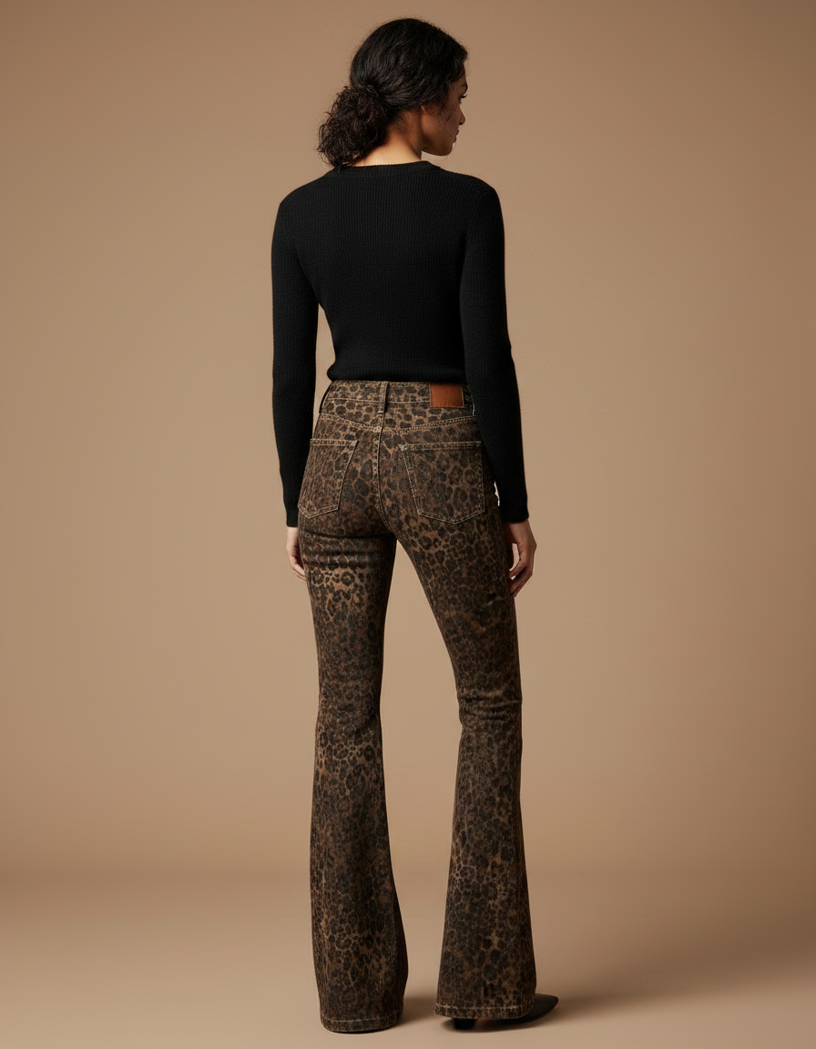 Pantalon Léopard Évasé Imprimé Marron Ajusté Femme - Velours - vue 2