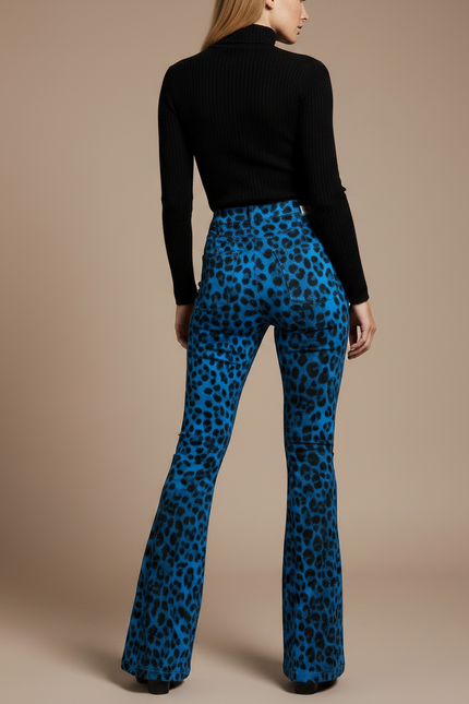 Pantalon Léopard Bleu Évasé Imprimé Stretch Femme - Maille - vue 2