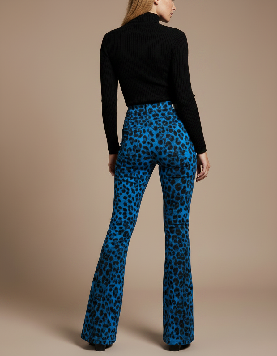 Pantalon Léopard Bleu Évasé Imprimé Stretch Femme - Maille - vue 2