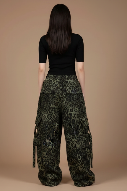 Pantalon Léopard Cargo Vert Ample Imprimé Streetwear - Kaki Toile - vue 2