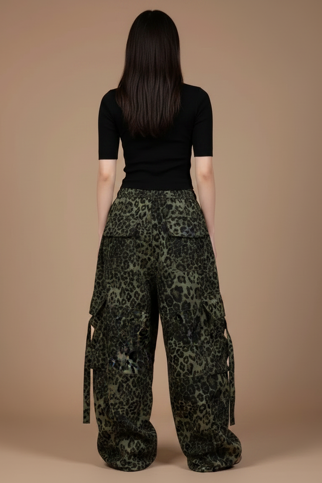 Pantalon Léopard Cargo Vert Ample Imprimé Streetwear - Kaki Toile - vue 2