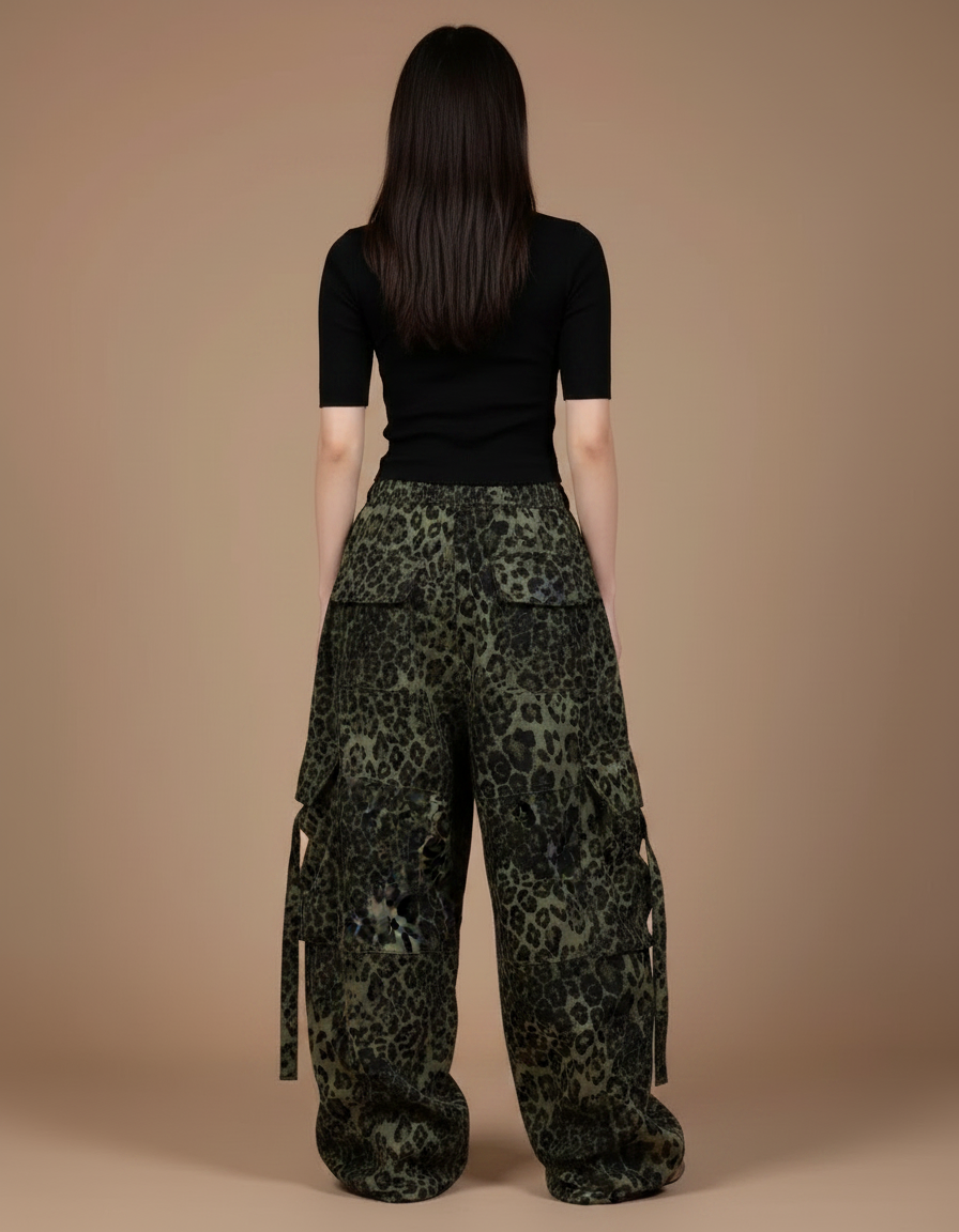 Pantalon Léopard Cargo Vert Ample Imprimé Streetwear - Kaki Toile - vue 2