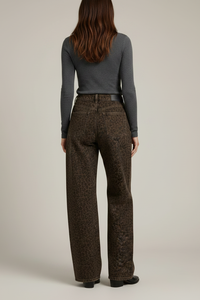 Pantalon Léopard Marron Ample Streetwear Denim Femme - Jean - vue 2