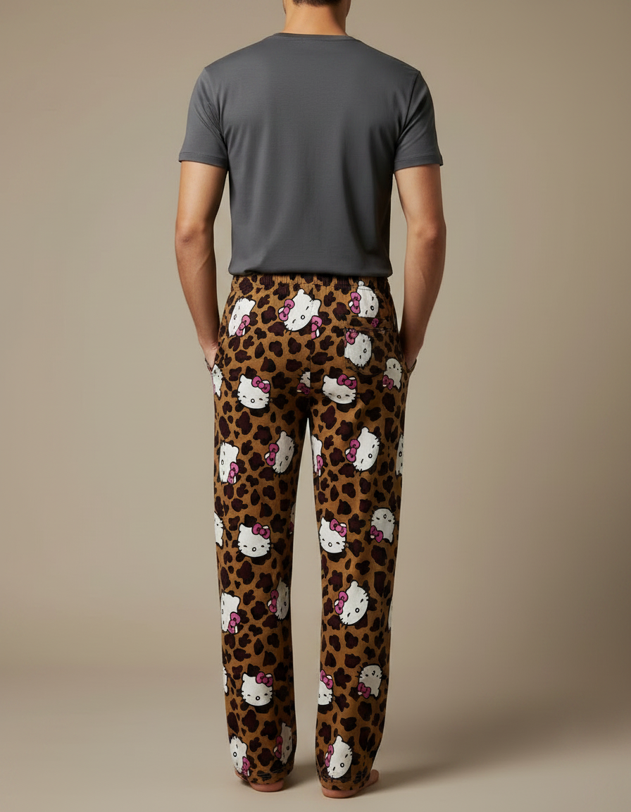 Pantalon Léopard Marron Imprimé Hello Kitty Doux Ample Homme - Molleton - vue 2