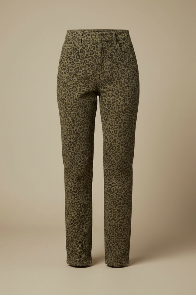 Pantalon Léopard Vert Kaki Imprimé Coupe Droite - Coton - vue 3