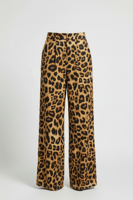 Pantalon Léopard Ample Fluide Satiné Marron - vue 3
