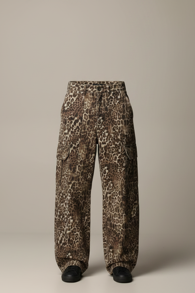 Pantalon Léopard Cargo Ample Imprimé Marron Streetwear - Toile - vue 3