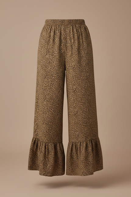 Pantalon Léopard Fluide Marron Plissé Ample Volants - Viscose - vue 3