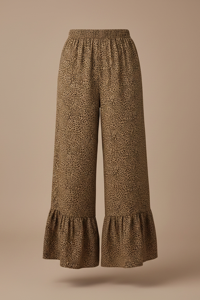 Pantalon Léopard Fluide Marron Plissé Ample Volants - Viscose - vue 3