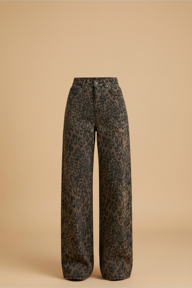 Pantalon Léopard Marron Imprimé Large Vintage Décontracté - Jean - vue 3