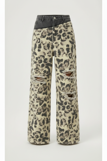 Pantalon Léopard Ample Délavé Imprimé Déchiré Denim - Jean - vue 3