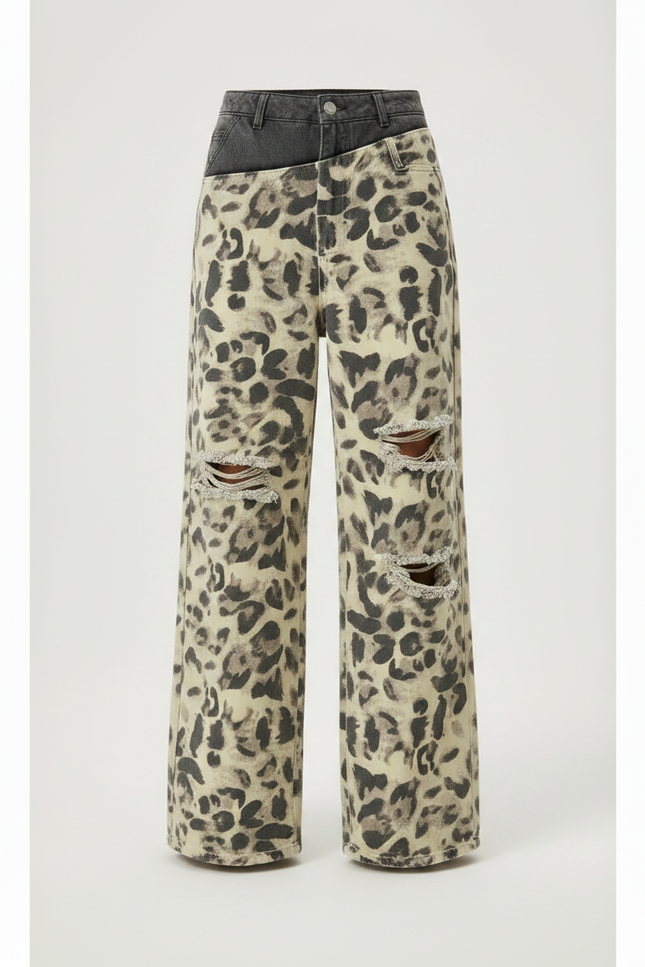 Pantalon Léopard Ample Délavé Imprimé Déchiré Denim - Jean - vue 3